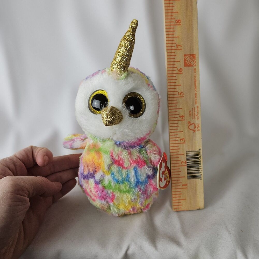 2018 Ty Silk Ty Beanie Boo's Enchanted the Owl Unicorn Plush & Beans 6" Tall